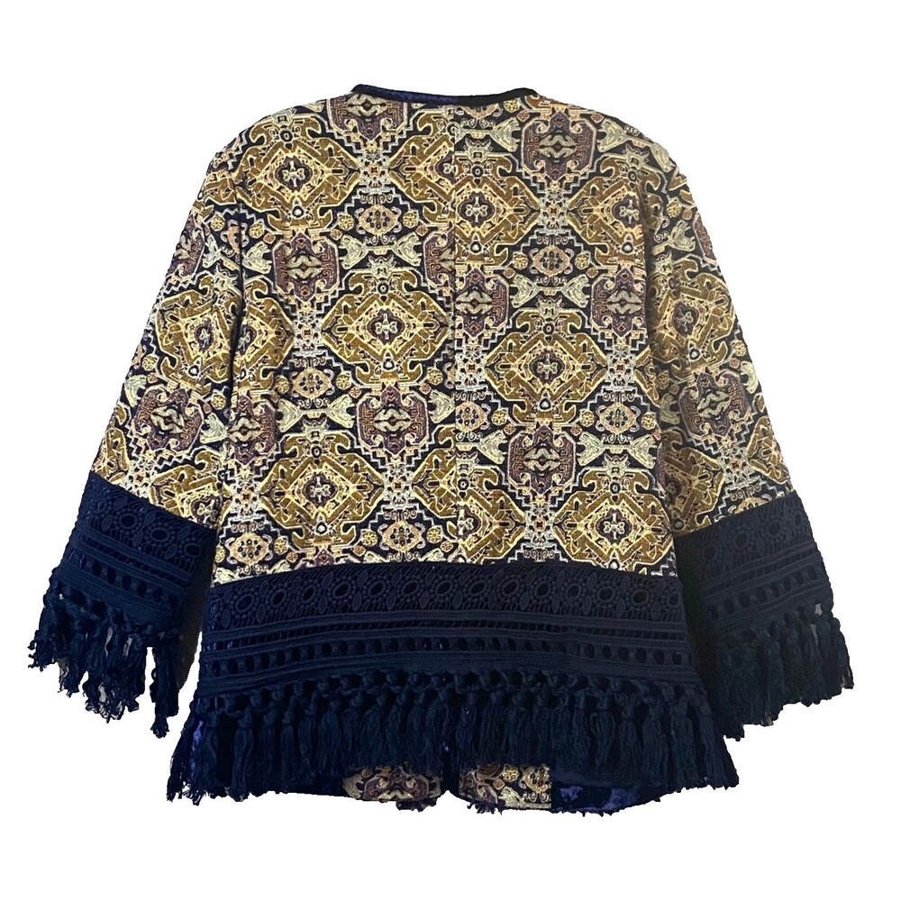 Boston Proper Fringe Tapestry Novelty Jacket Velvet Trim Size 14 Multicolor NWOT - Picture 4 of 16